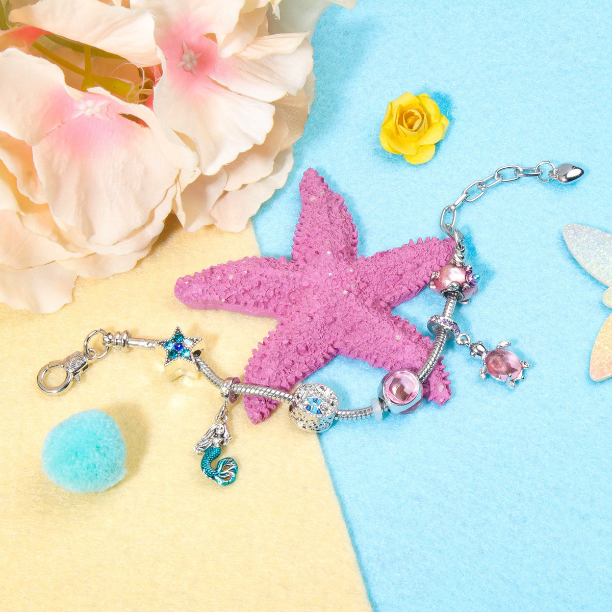 Rhinestone Star Alloy Bracelet with Mermaid & Turtle Charms Cute Pig & Glass Beads Jewelry(19cm)