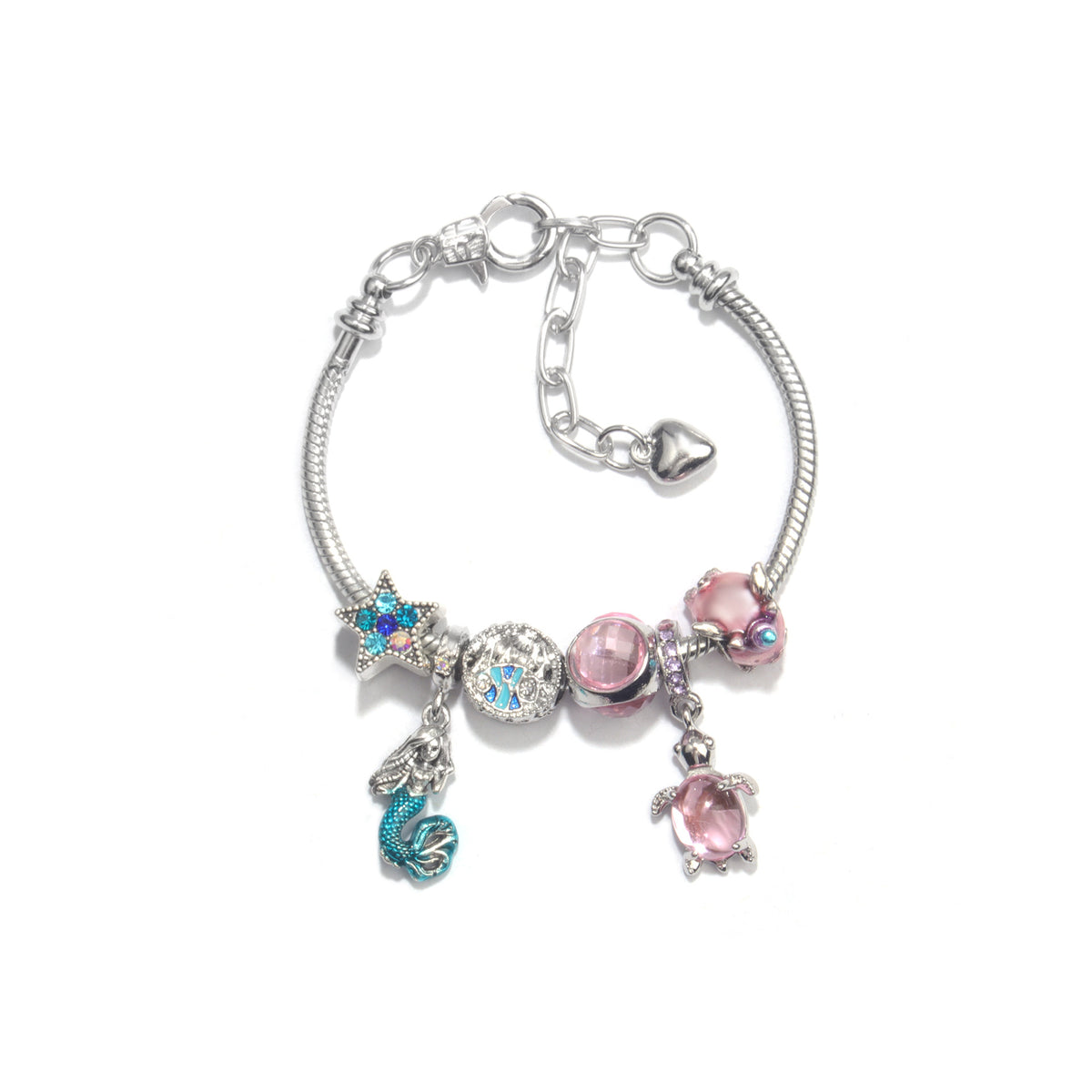 Rhinestone Star Alloy Bracelet with Mermaid &amp; Turtle Charms Cute Pig &amp; Glass Beads Jewelry(20cm)