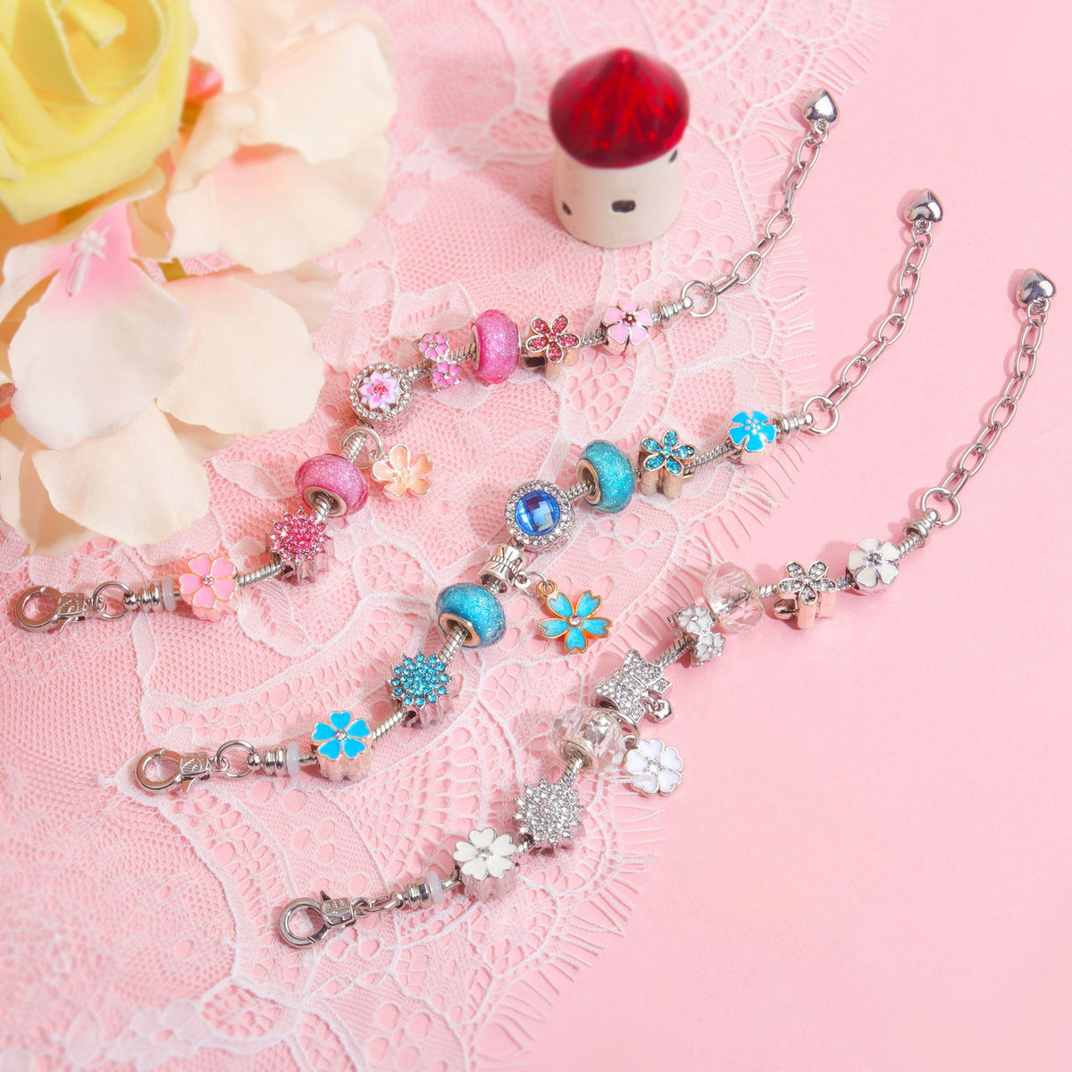 Blue Magnolia Alloy Bracelet with Rhinestones & Glaze Beads(21cm)