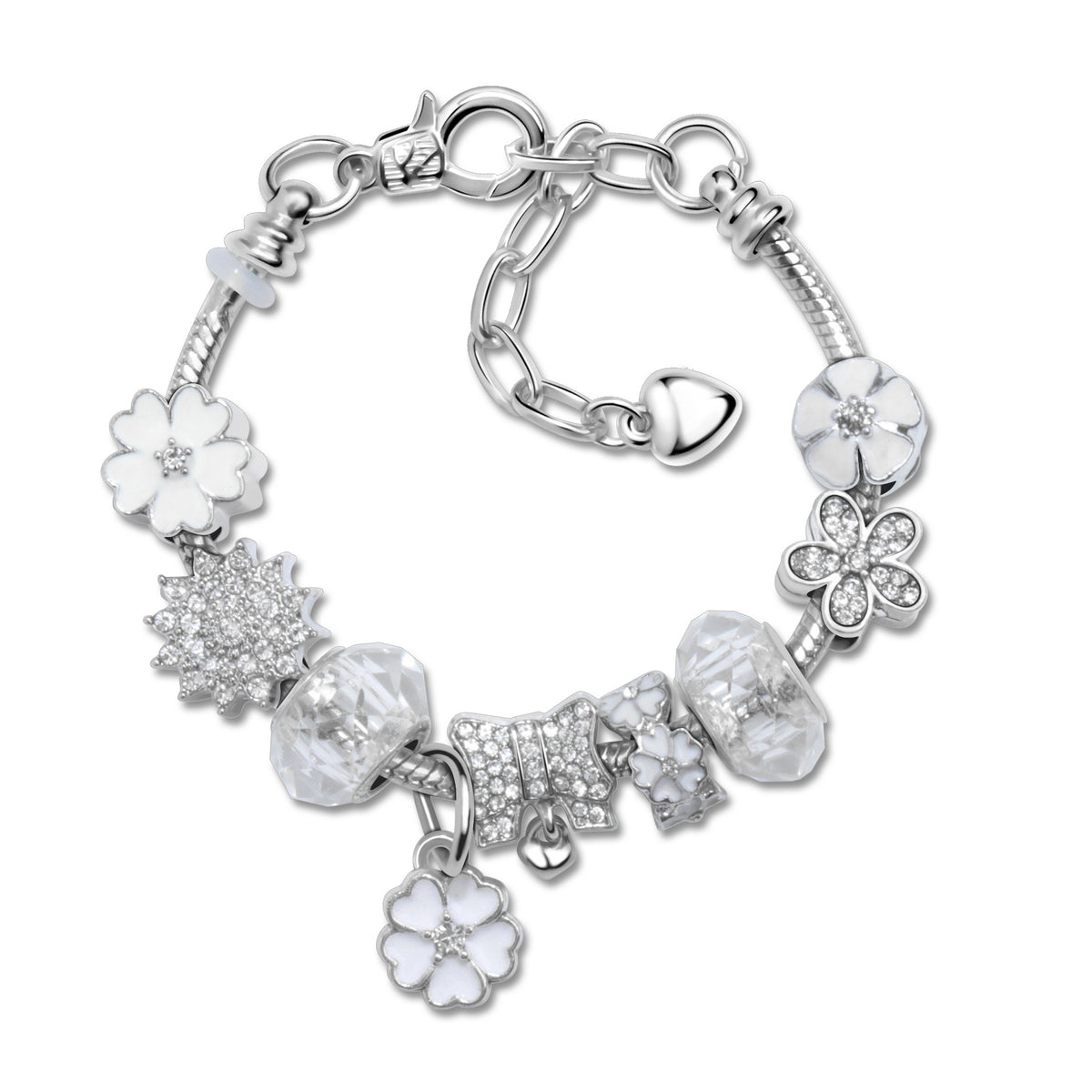 Alloy Bracelet with Rhinestone, Glass Beads &amp; White Magnolia Pendant(18cm)