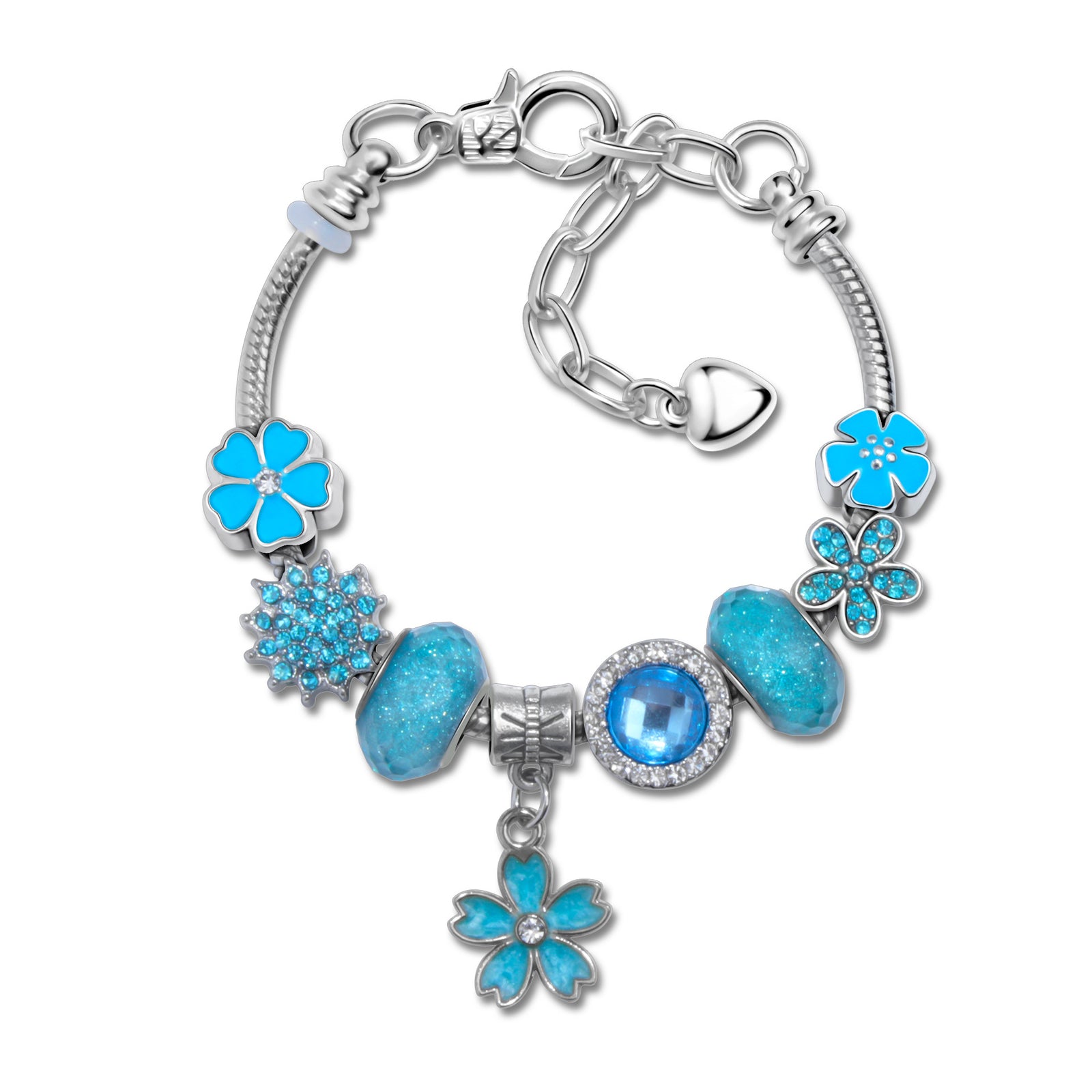 Alloy Bracelet with Rhinestone, Glass Beads & White Magnolia Pendant(19cm)