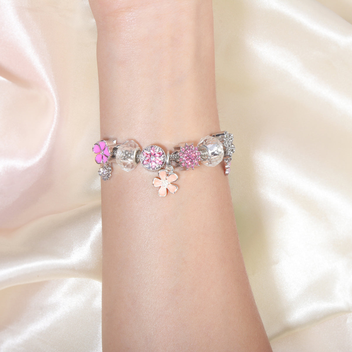Pink Rhinestone Glass Enamel Bead Bracelet with Magnolia Pendant(18cm)