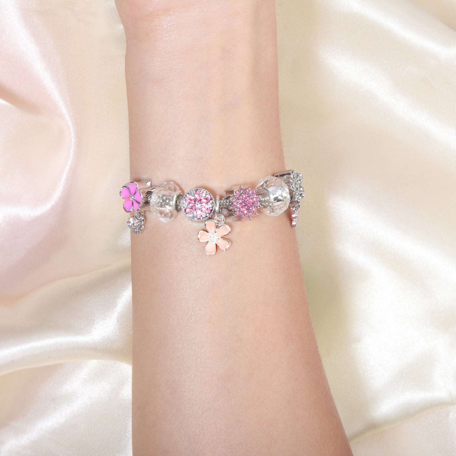 Pink Rhinestone Glass Enamel Bead Bracelet with Magnolia Pendant(18cm)