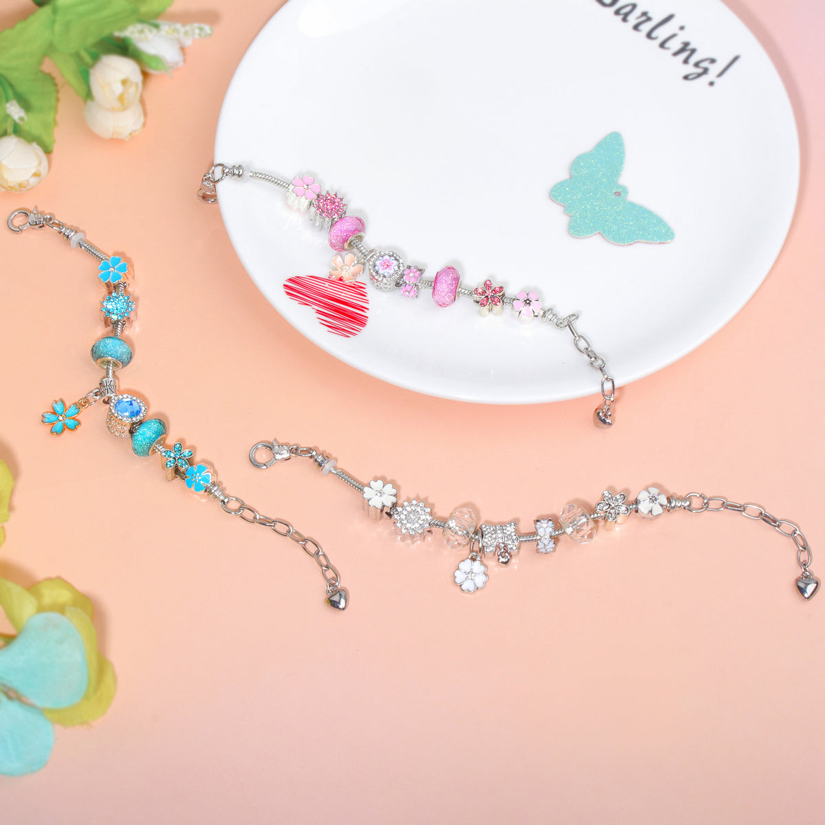 Pink Rhinestone Glass Enamel Bead Bracelet with Magnolia Pendant(18cm)