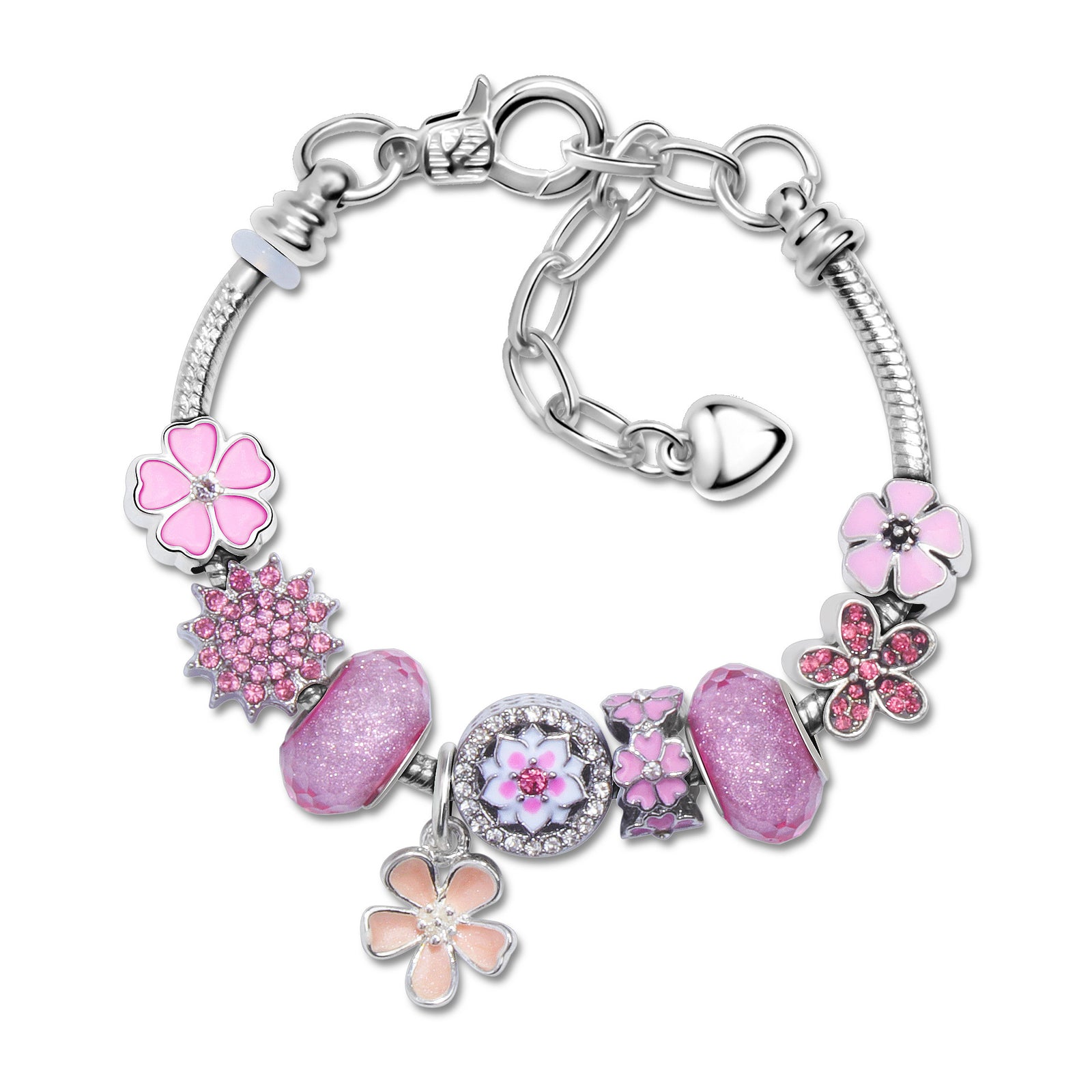 Pink Rhinestone Glass Enamel Bead Bracelet with Magnolia Pendant(19cm)