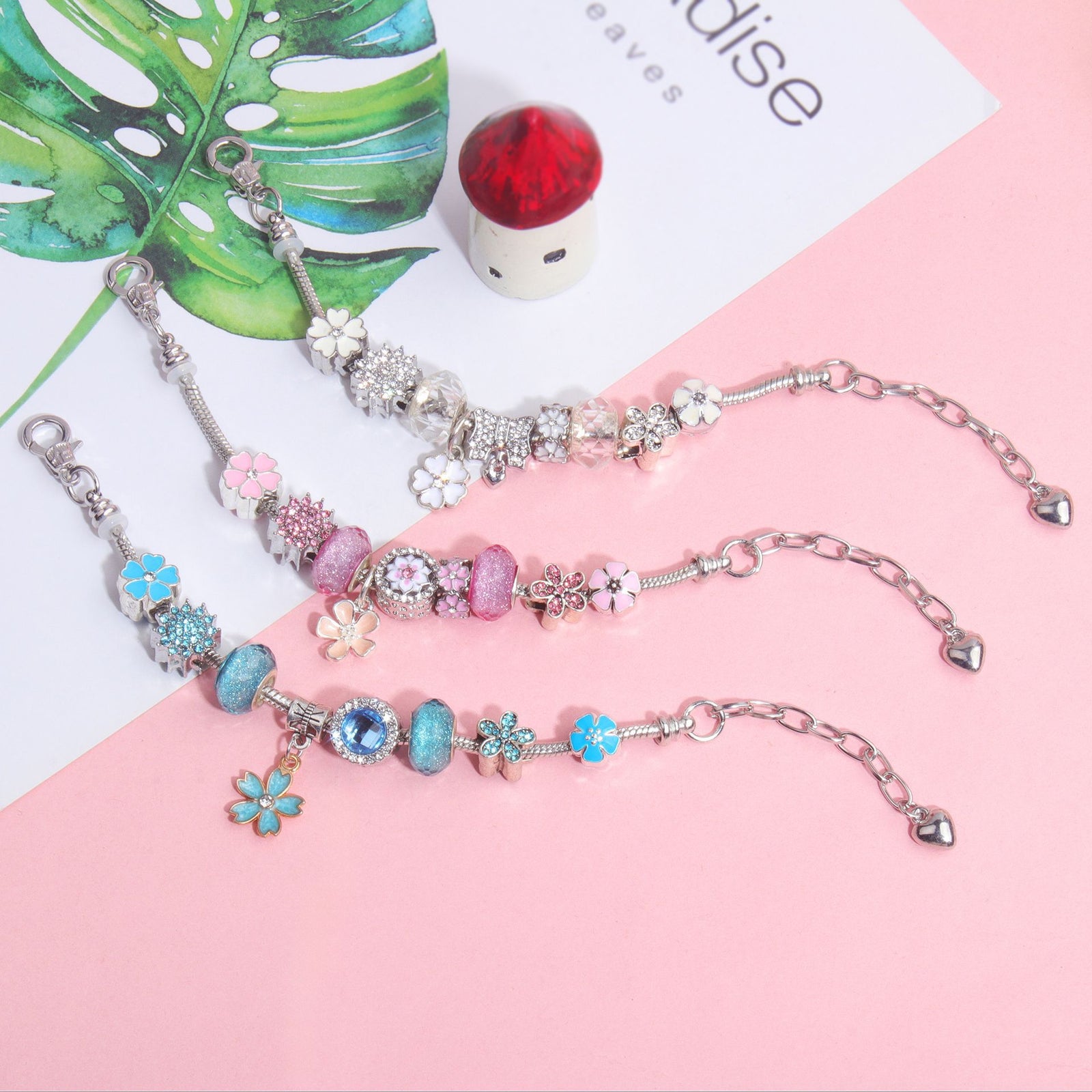 Pink Rhinestone Glass Enamel Bead Bracelet with Magnolia Pendant(20cm)