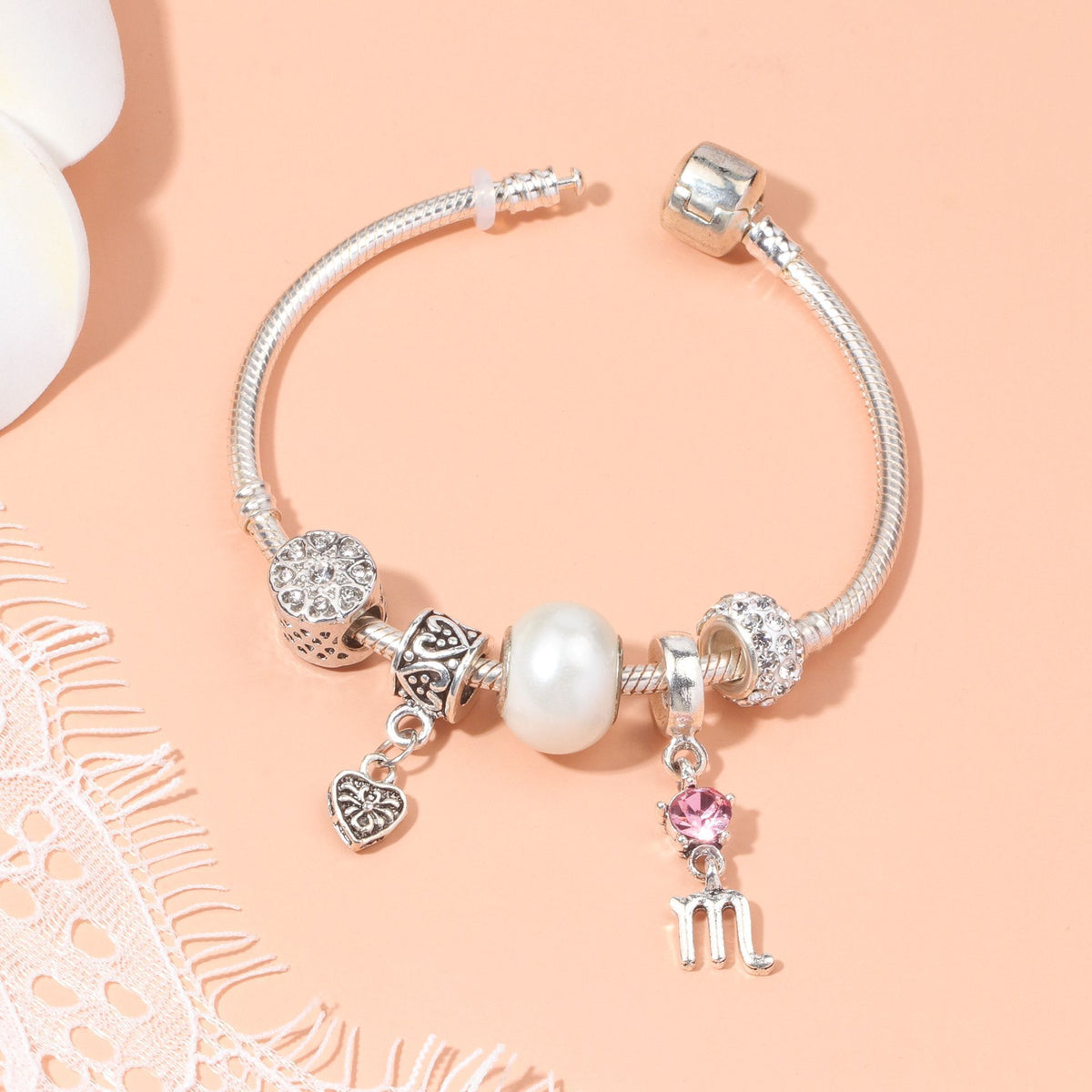 Constellation Heart Crystal Charm Bracelet(silver-toned,18cm)