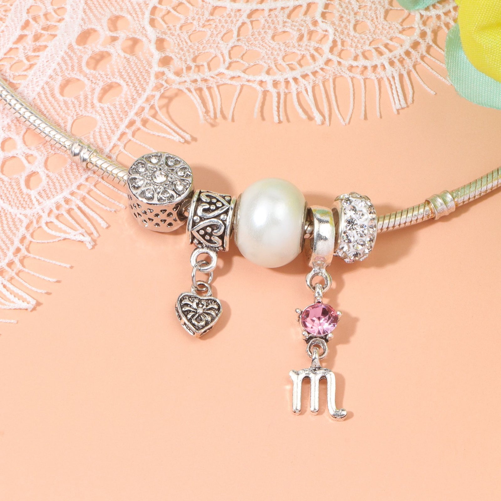 Constellation Heart Crystal Charm Bracelet(silver-toned,19cm)