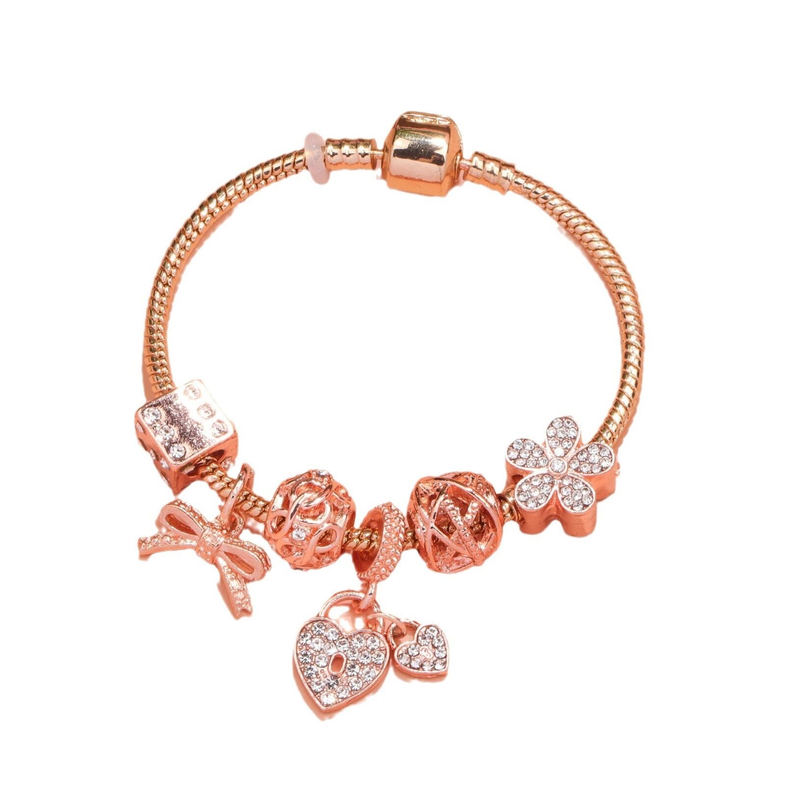 Hollow Out Crystal Flower Heart Bow Charm Bracelet(rose gold,17cm)