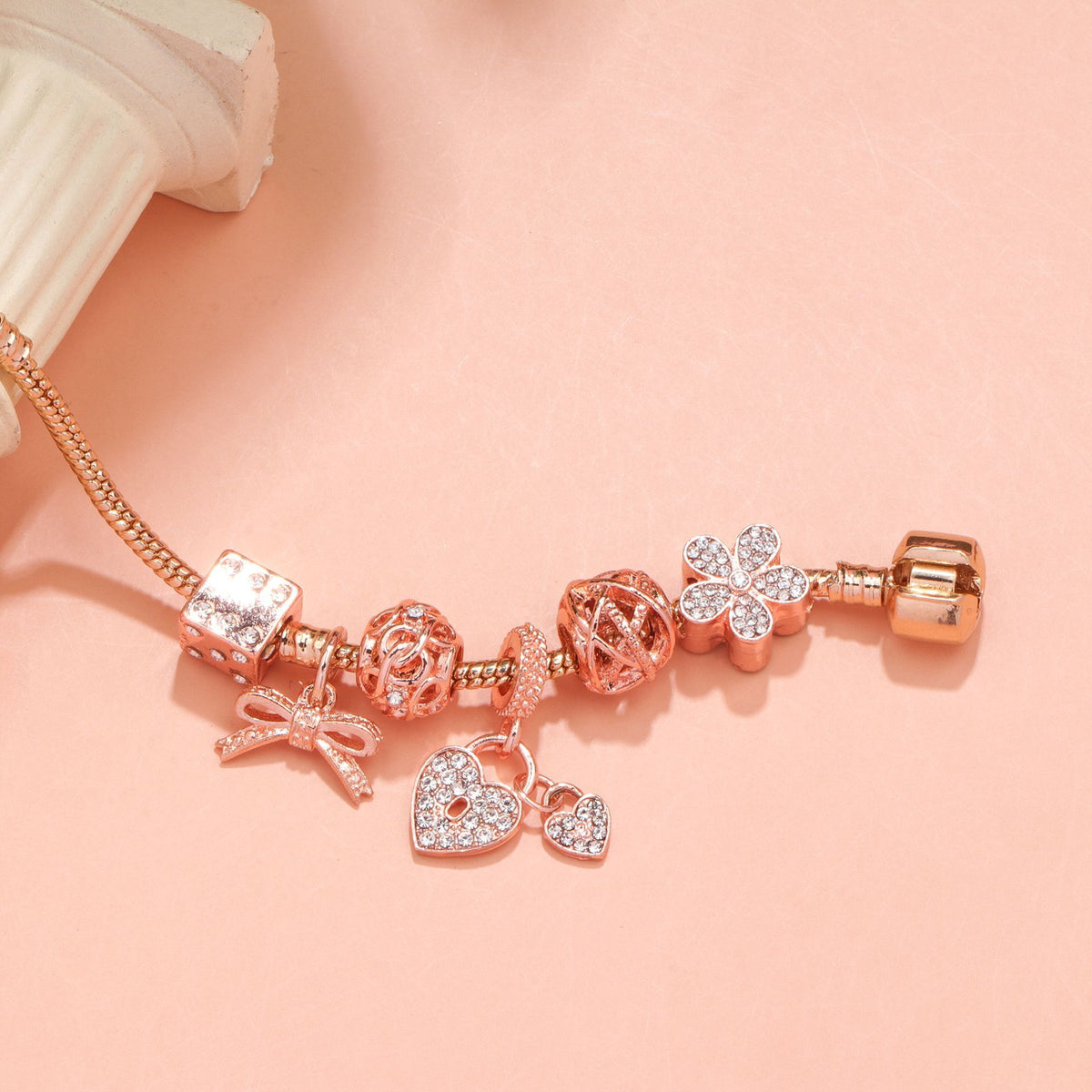 Hollow Out Crystal Flower Heart Bow Charm Bracelet(rose gold,19cm)