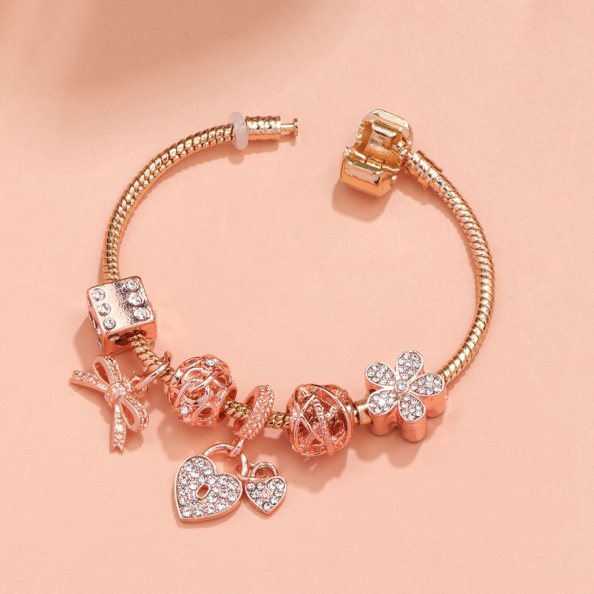 Hollow Out Crystal Flower Heart Bow Charm Bracelet(rose gold,20cm)