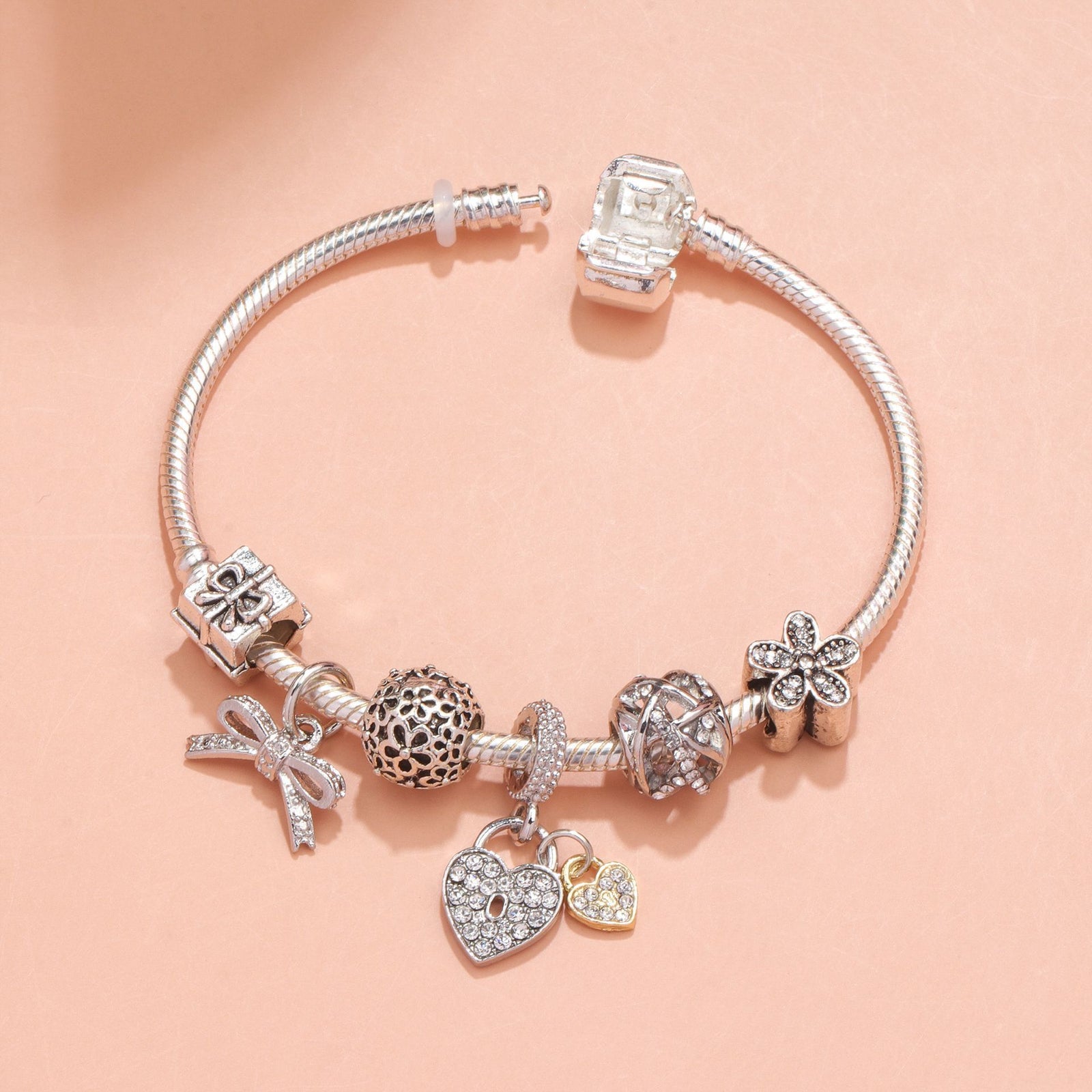 Hollow Out Crystal Flower Heart Bow Charm Bracelet(silver-toned,19cm)