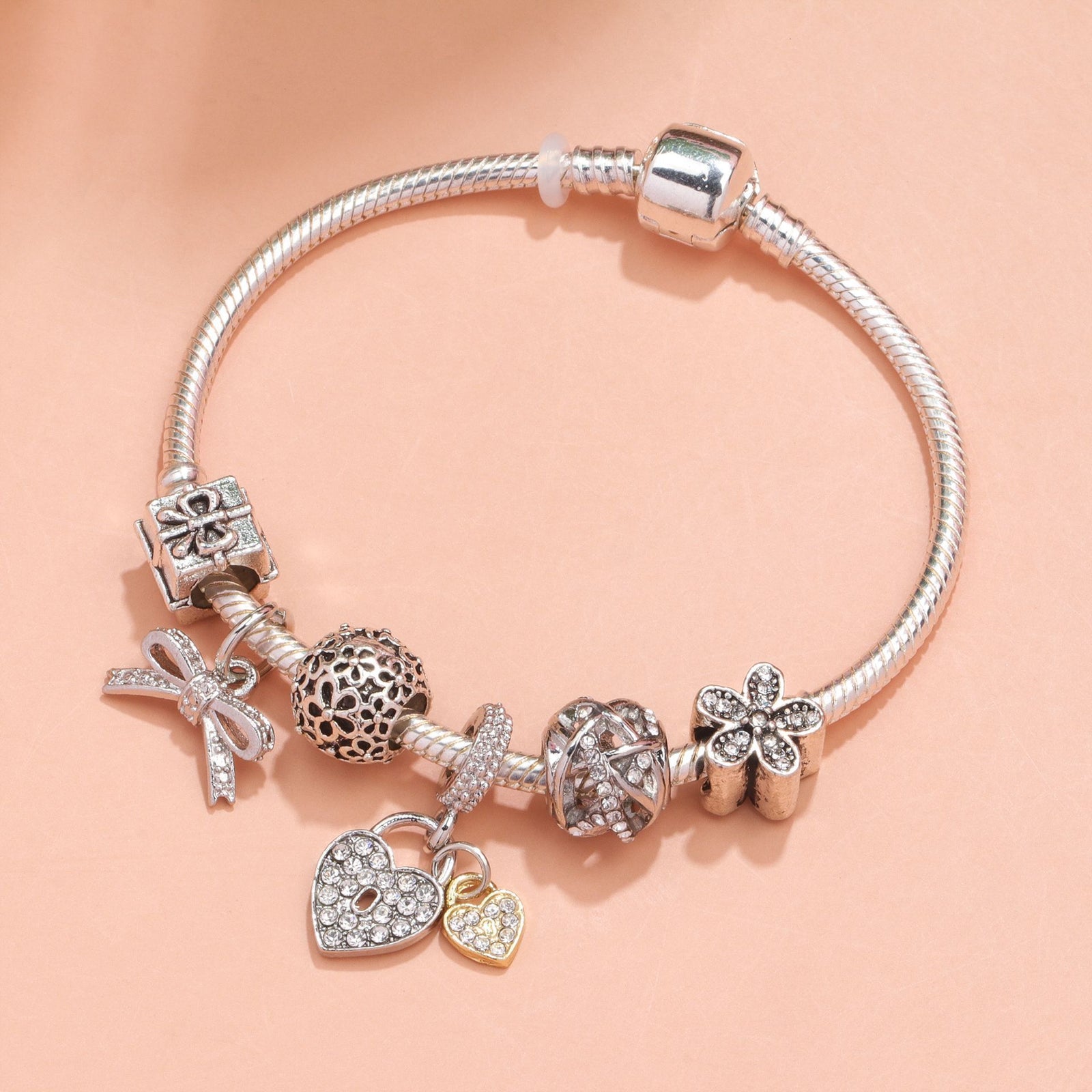 Hollow Out Crystal Flower Heart Bow Charm Bracelet(silver-toned,21cm)