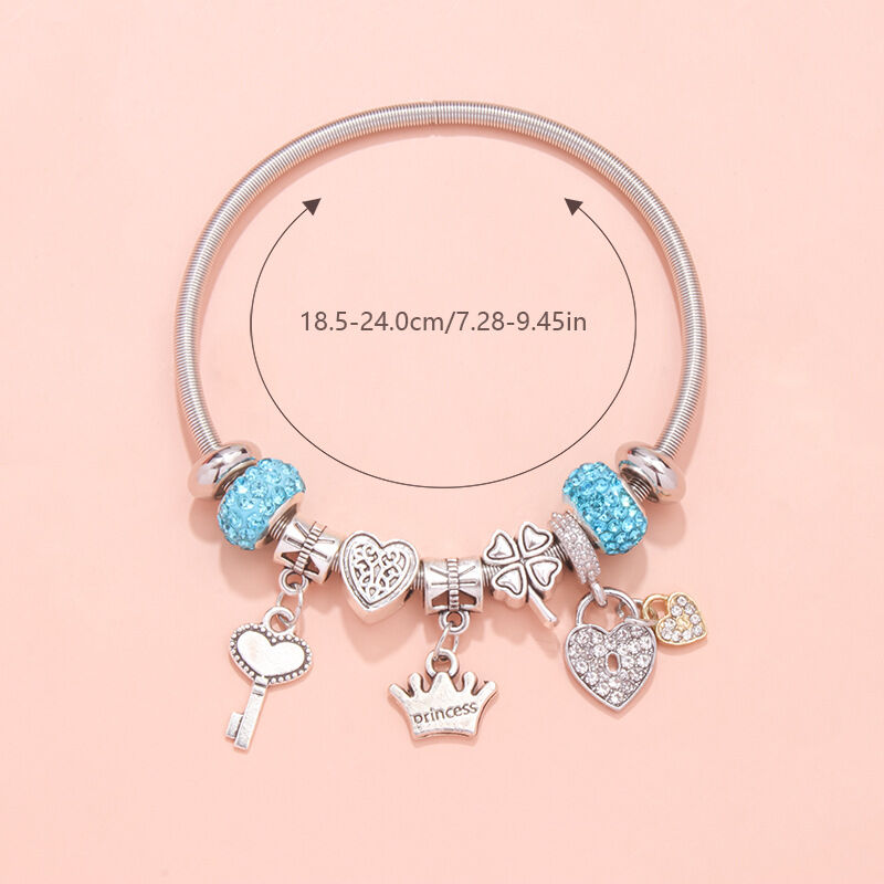 Charm Bracelet with Heart, Four-Leaf Clover &amp; Rhinestone Beads(blue)