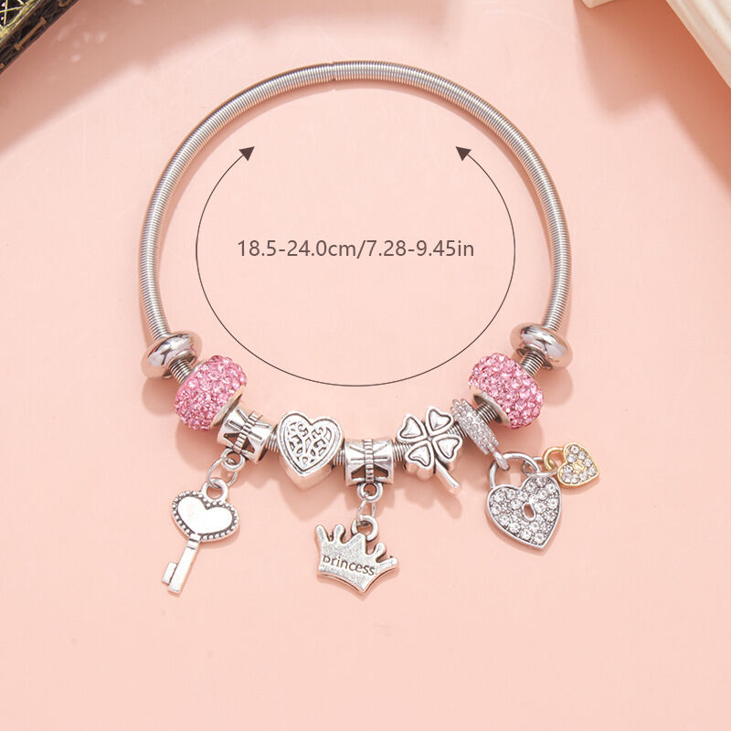 Charm Bracelet with Heart, Four-Leaf Clover &amp; Rhinestone Beads(pink)