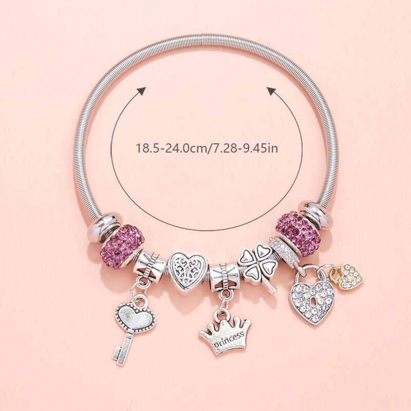 Charm Bracelet with Heart, Four-Leaf Clover &amp; Rhinestone Beads(purple)