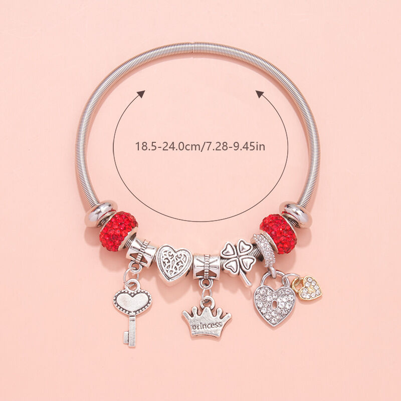 Charm Bracelet with Heart, Four-Leaf Clover &amp; Rhinestone Beads(red)