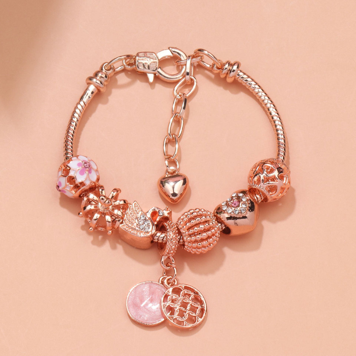 Hollow Crystal-Encrusted Swan Crown Flower Heart Bracelet(rose gold,17cm)