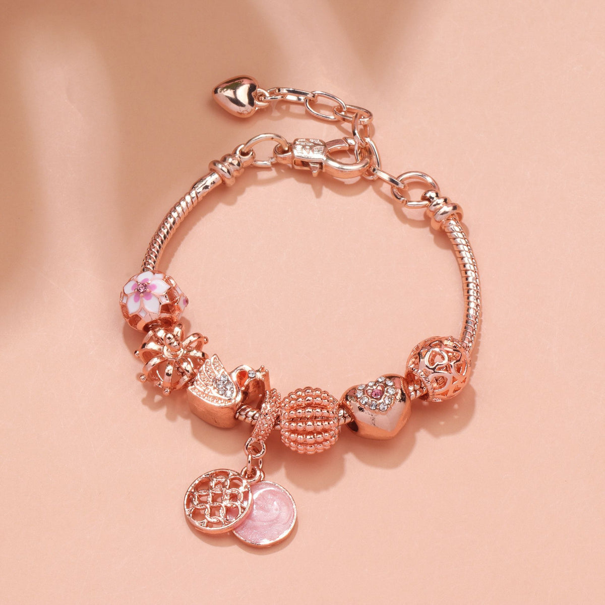 Hollow Crystal-Encrusted Swan Crown Flower Heart Bracelet(rose gold,18cm)