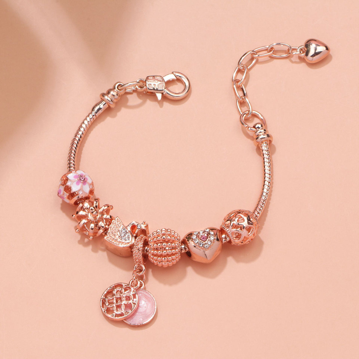Hollow Crystal-Encrusted Swan Crown Flower Heart Bracelet(rose gold,19cm)