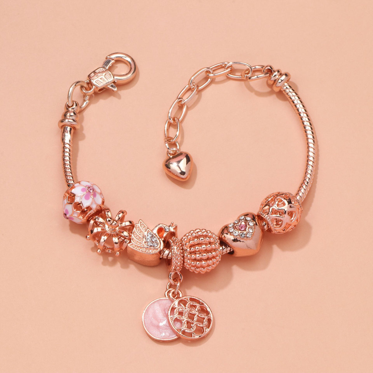 Hollow Crystal-Encrusted Swan Crown Flower Heart Bracelet(rose gold,19cm)