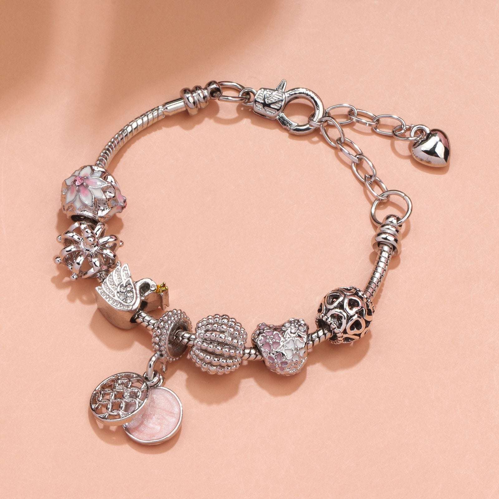 Hollow Crystal-Encrusted Swan Crown Flower Heart Bracelet(silver,17cm)