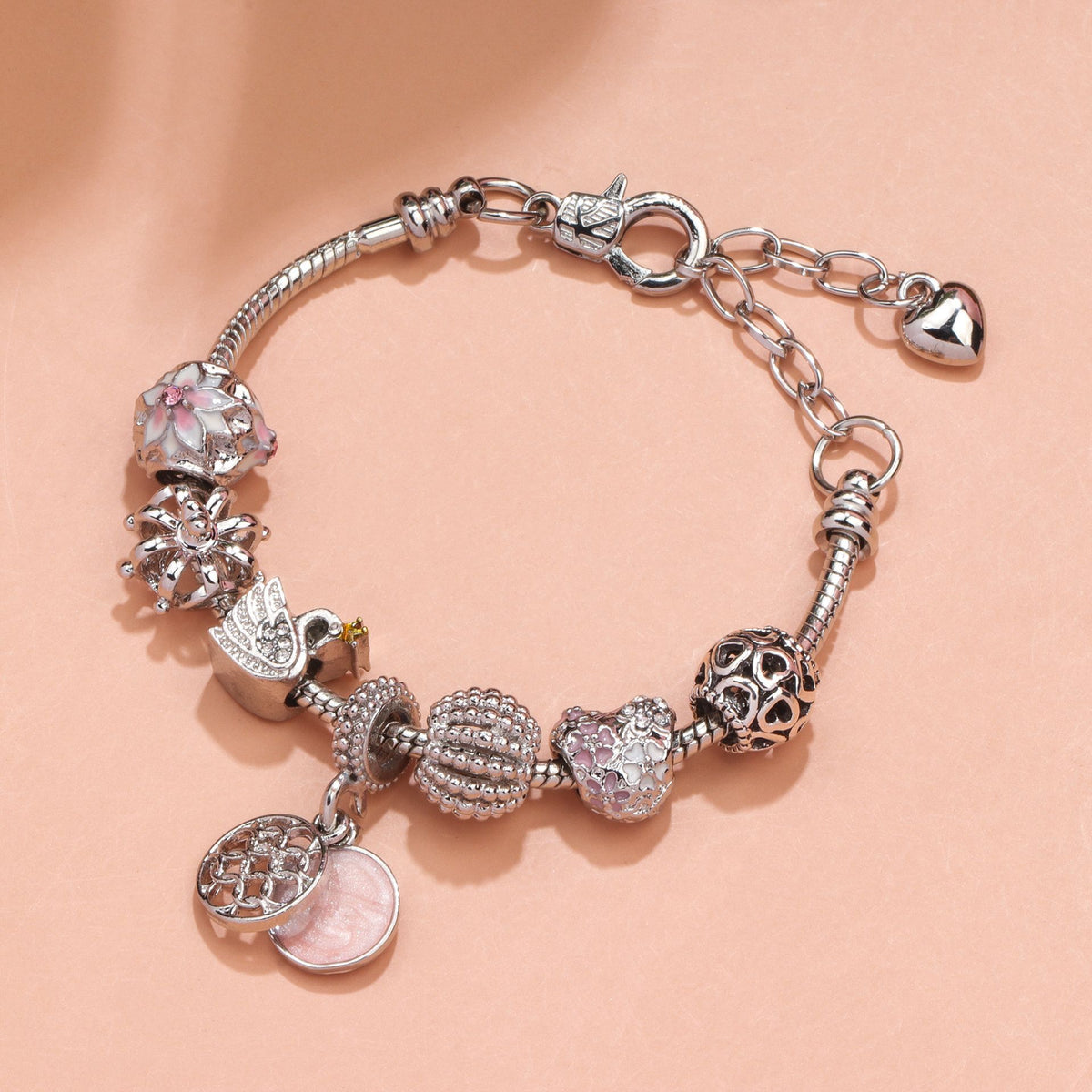 Hollow Crystal-Encrusted Swan Crown Flower Heart Bracelet(silver,18cm)