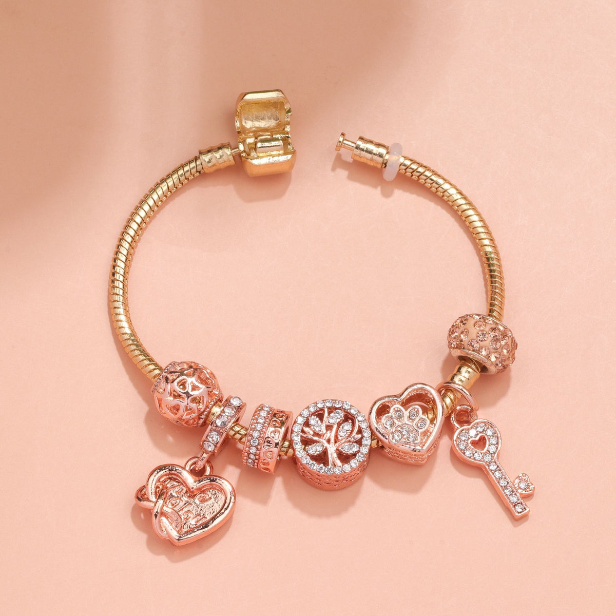 Crystal-studded Hollow Heart Key Tree of Life Bracelet(rose gold,19cm)