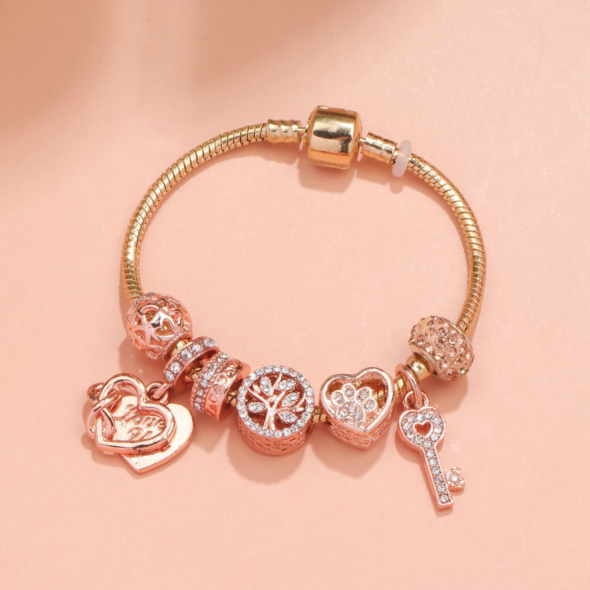 Crystal-studded Hollow Heart Key Tree of Life Bracelet(rose gold,19cm)