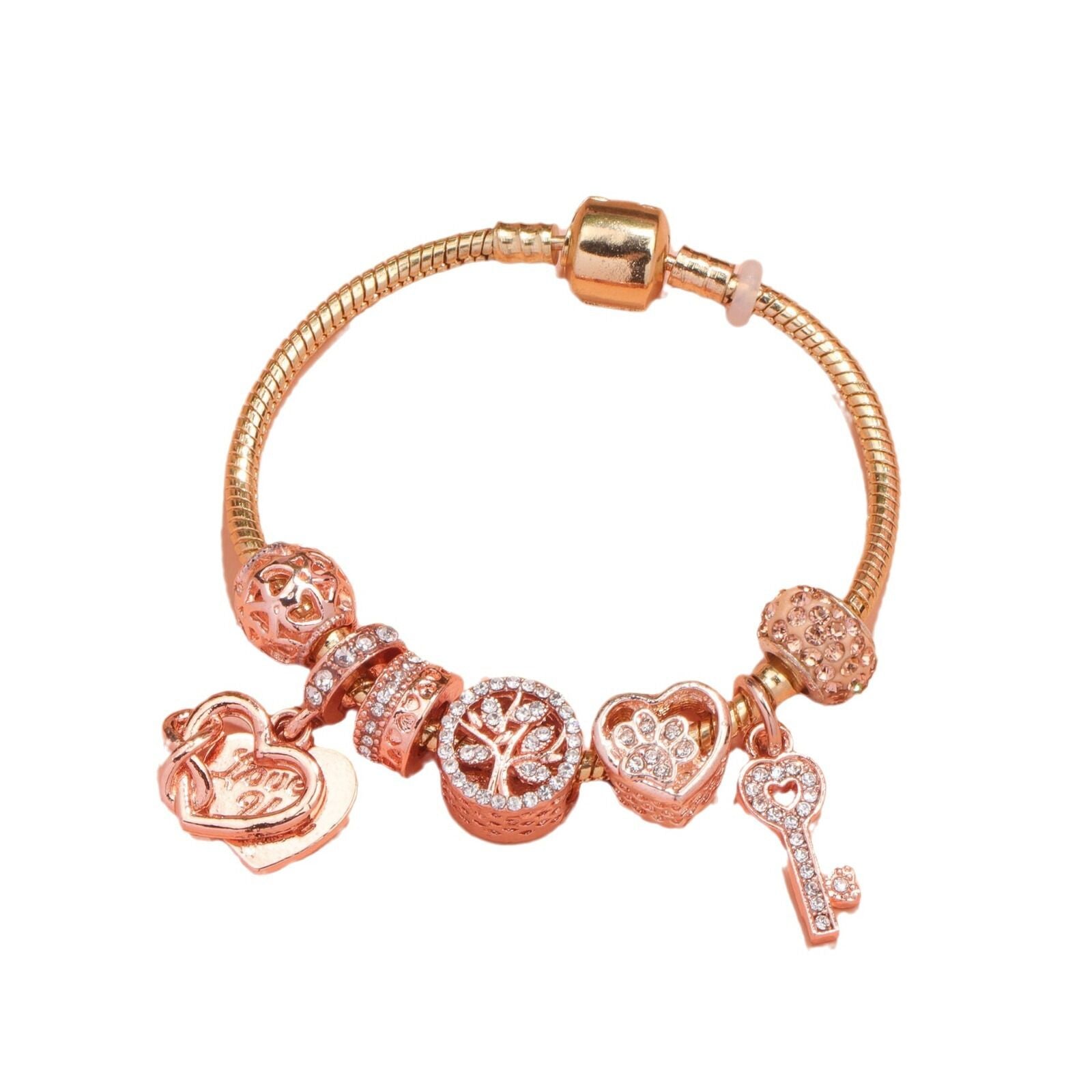 Crystal-studded Hollow Heart Key Tree of Life Bracelet(rose gold,20cm)