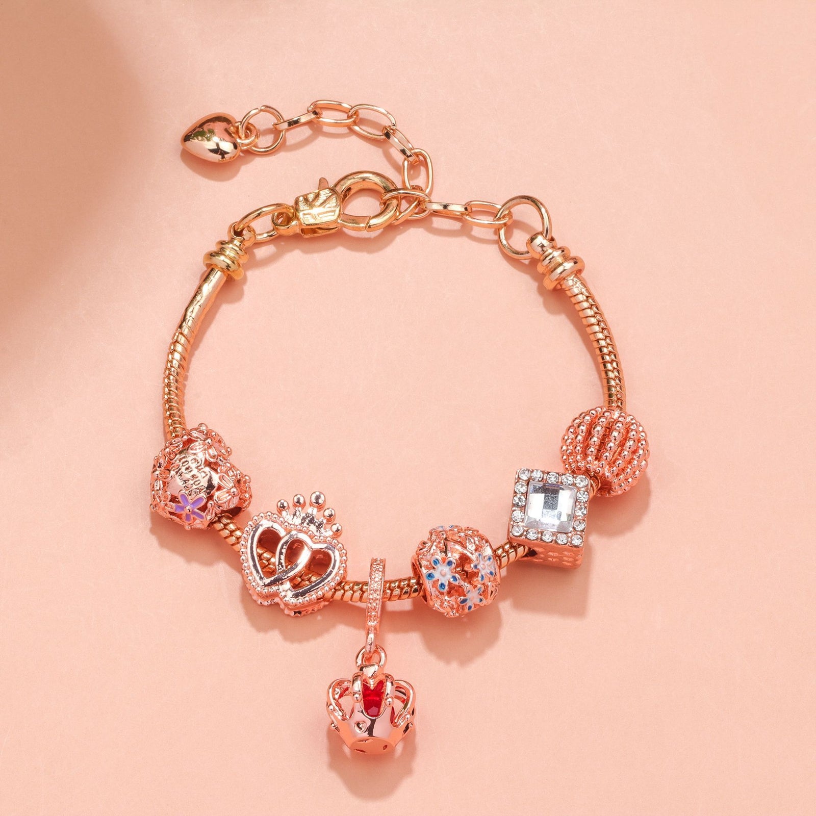Hollow-out Rhinestone Heart Flower Charm Bracelet(rose gold,17cm)