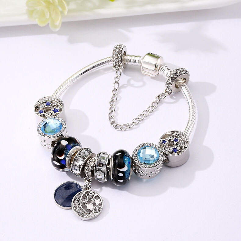 Blue Starry Sky Charm Bracelet with Moon & Star Pendant(18cm)