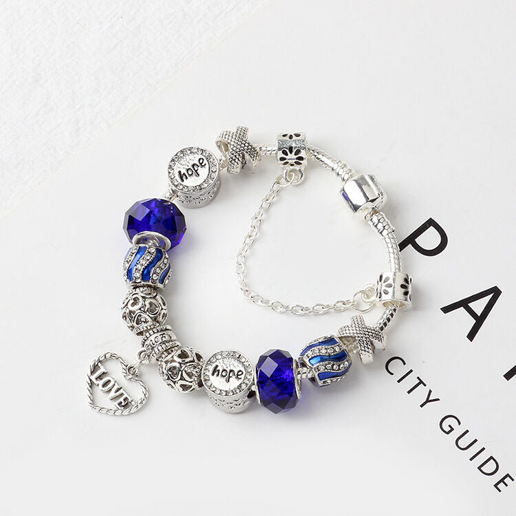 Romantic Love Heart Pendant Bracelet with Rhinestones, Glass Beads(18cm)