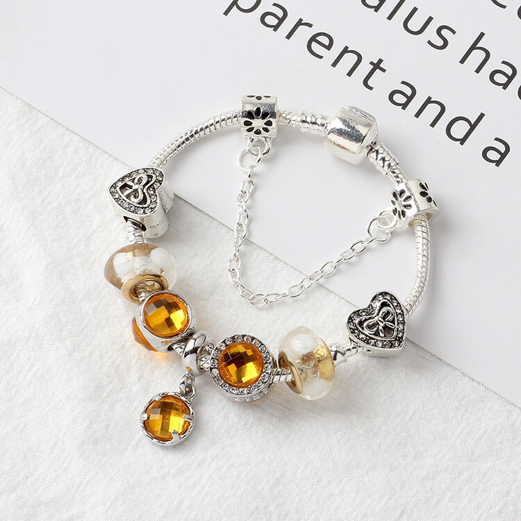 Yellow Zircon Heart Glass Beaded Bracelet with Rhinestones(20cm)