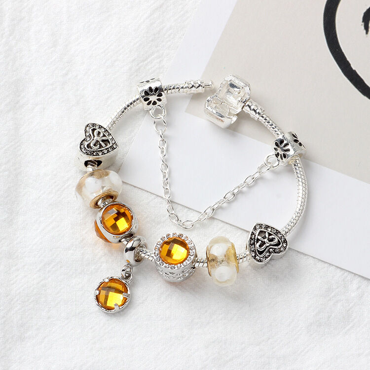 Yellow Zircon Heart Glass Beaded Bracelet with Rhinestones(20cm)