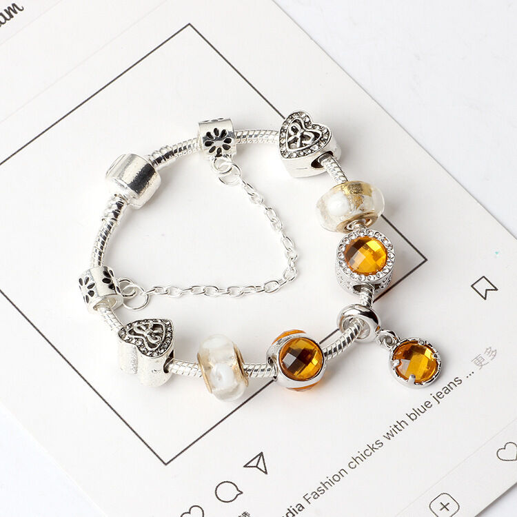 Yellow Zircon Heart Glass Beaded Bracelet with Rhinestones(21cm)