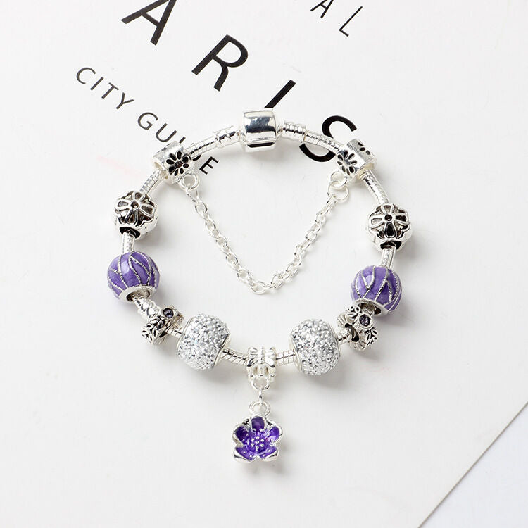 Vintage Alloy Charm Bracelet with Purple Flower Pendant, Crystal Beads(18cm)
