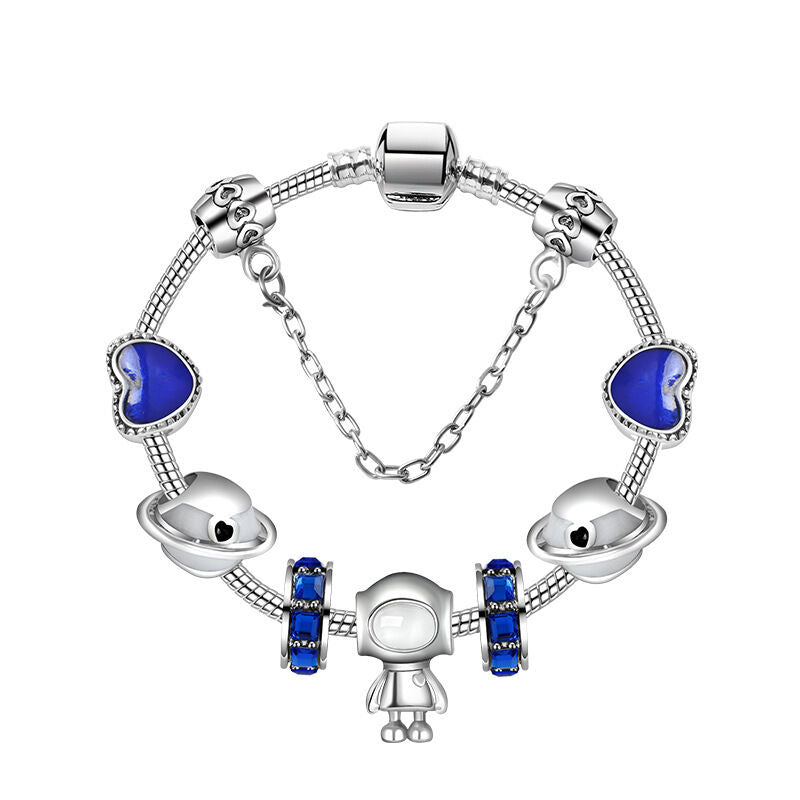Sci-Fi Universe Spaceship Robot Blue Heart Beaded Bracelet with Rhinestones(18cm)