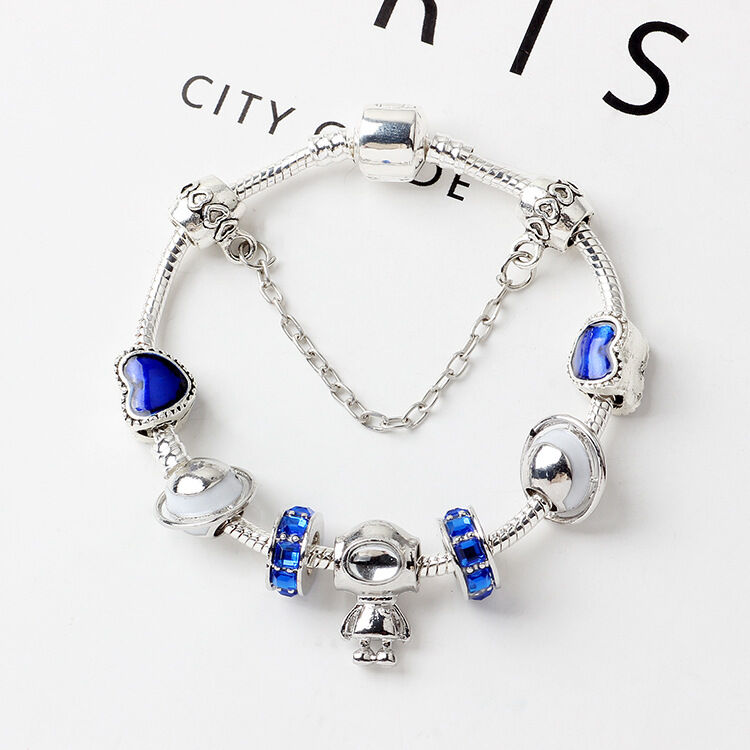 Sci-Fi Universe Spaceship Robot Blue Heart Beaded Bracelet with Rhinestones(18cm)