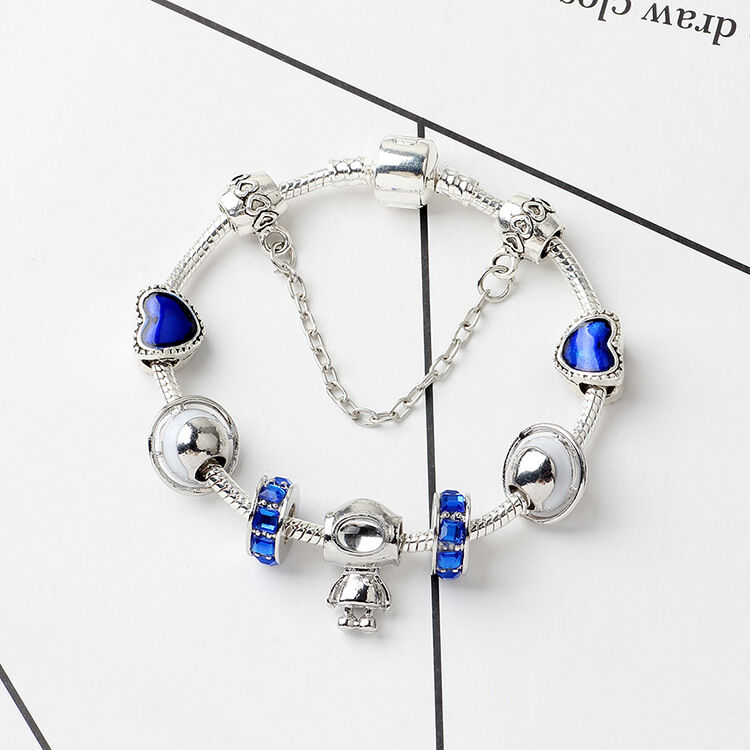 Sci-Fi Universe Spaceship Robot Blue Heart Beaded Bracelet with Rhinestones(20cm)