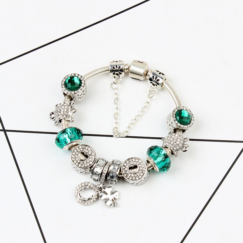 Charm Bracelet with Tortoise, Heart, Clover Pendant(Green,18cm)