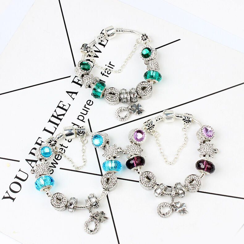 Charm Bracelet with Tortoise, Heart, Clover Pendant(Purple,19cm)