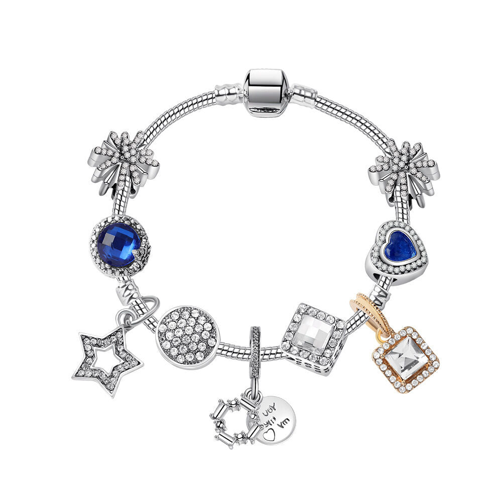Sparkling Charm Bracelet with Smiley, Crystal, Rhinestone Beads & Hollow Star Zircon Pendants(19cm)