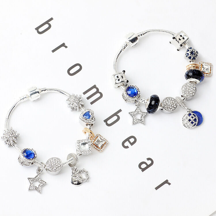 Sparkling Charm Bracelet with Smiley, Crystal, Rhinestone Beads & Hollow Star Zircon Pendants(20cm)