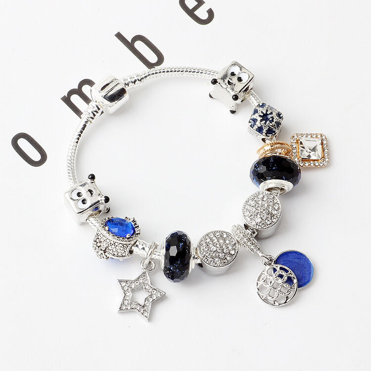 Fashion Charm Bracelet with Snowflake, Crystal, Rhinestone Beads & Hollow Star Zircon Pendant(18cm)