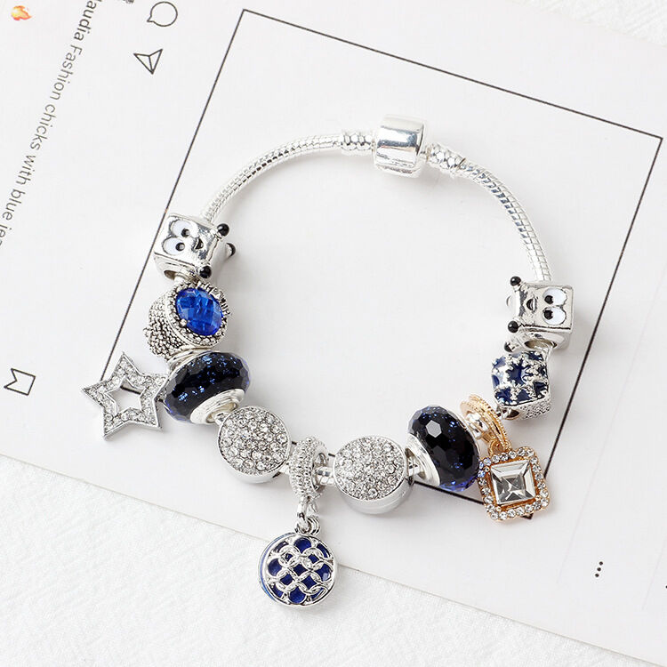 Fashion Charm Bracelet with Snowflake, Crystal, Rhinestone Beads & Hollow Star Zircon Pendant(18cm)