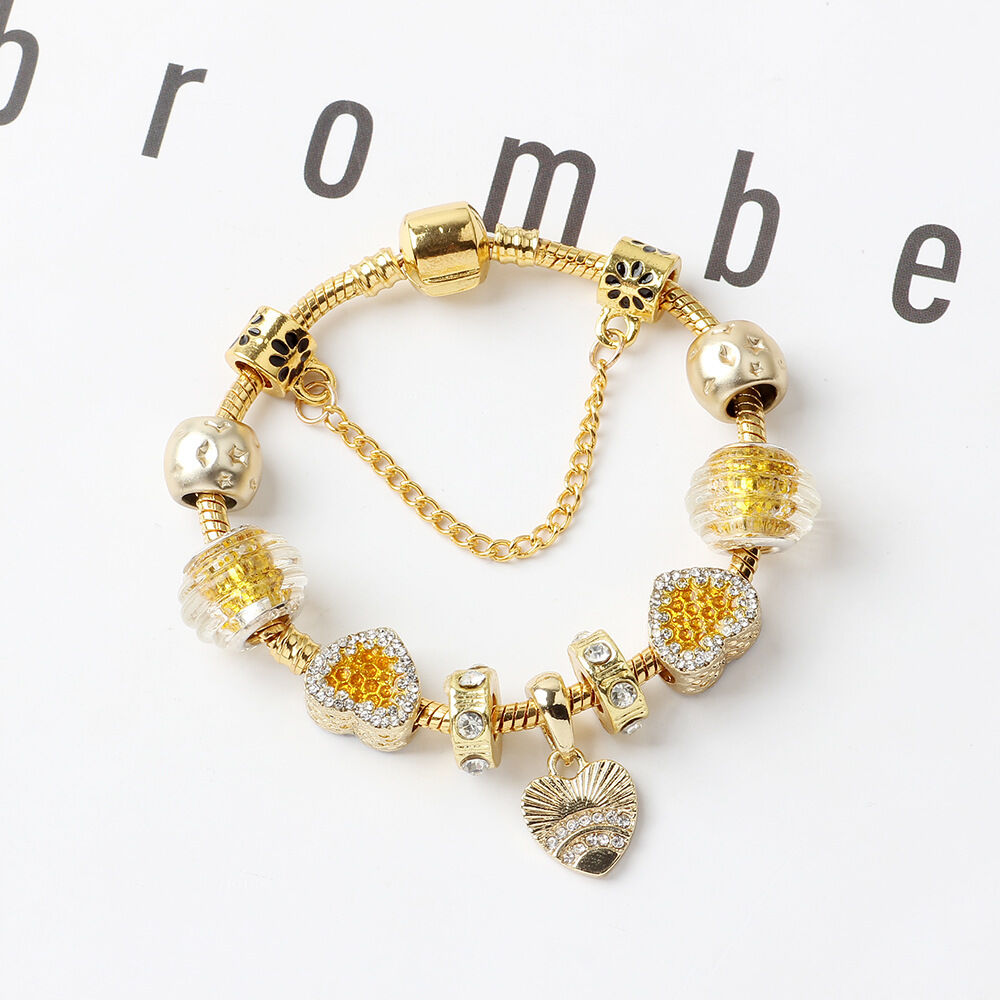 Golden Rhinestone Heart Charm Beaded Snake Chain Bracelet(19cm)