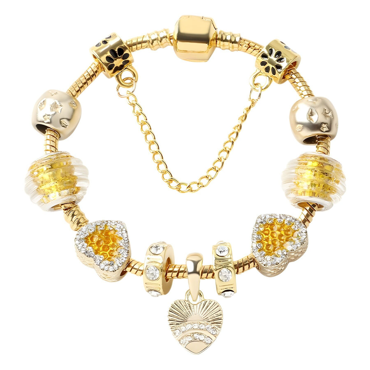 Golden Rhinestone Heart Charm Beaded Snake Chain Bracelet(20cm)
