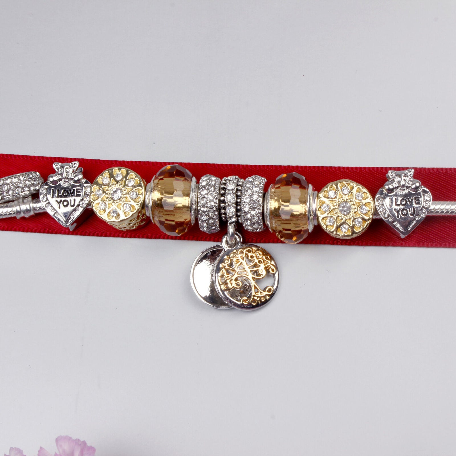 Crystal Bead & Tree of Life Pendant Bracelet with Rhinestones(18cm)
