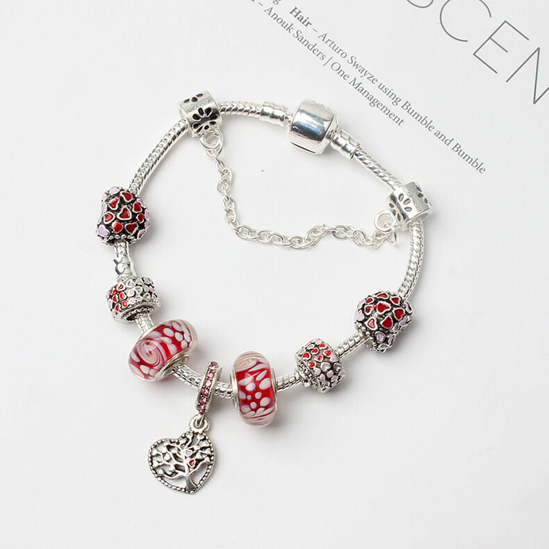 Red Zircon Beaded Christmas Tree Pendant Alloy Bracelet(19cm)
